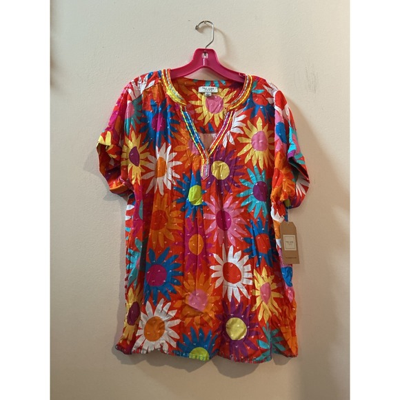 Tru Luxe Jeans Tops - TRU LUXE JEANS Women's‎ Colorful Floral Tunic Top V-Neck Short Sleeve Large Y2K